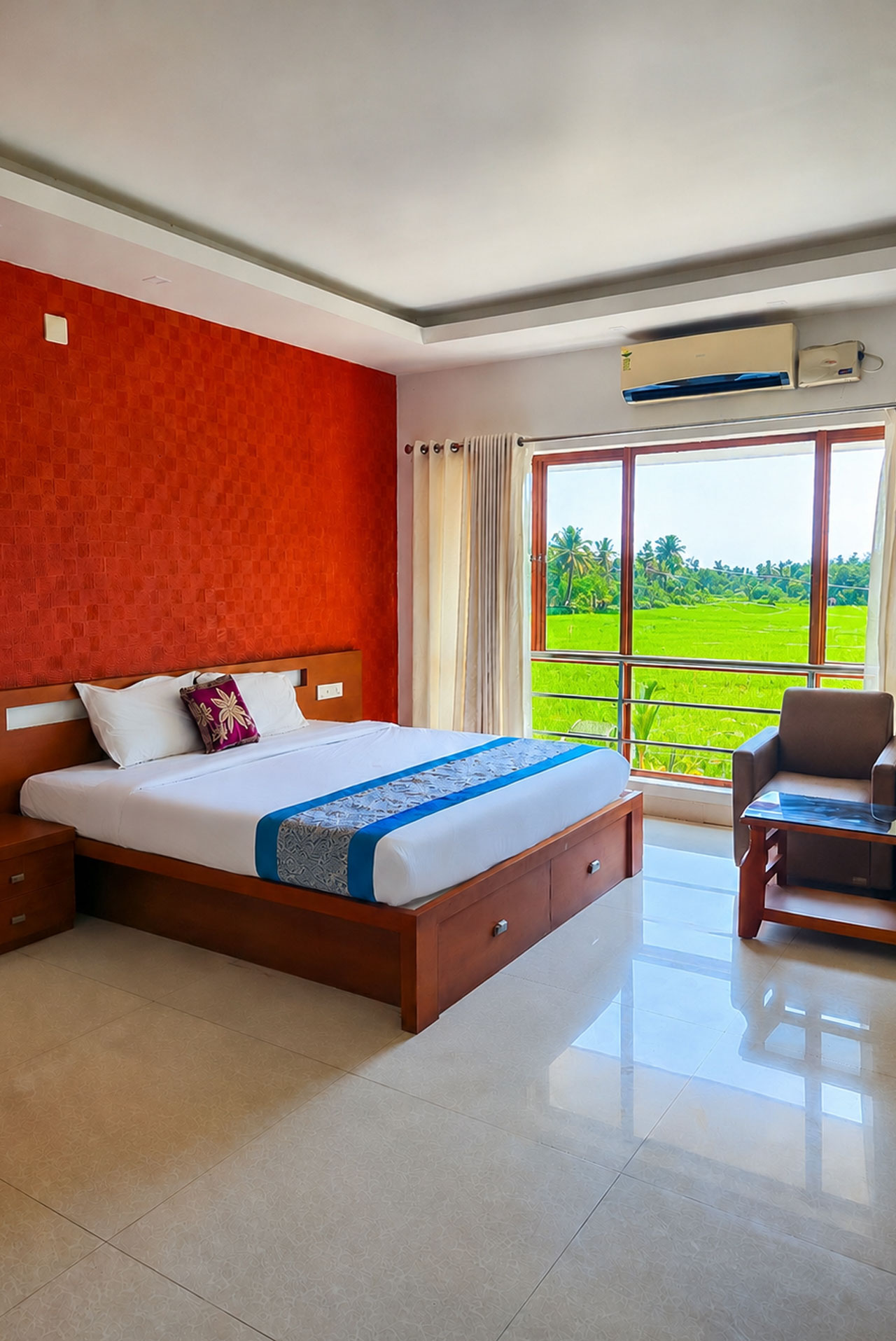 Premium Backwater Room with bed beside a large window